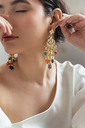 Gold Plated Floral Kundan & Multi-Colored Stone Dangler Earrings