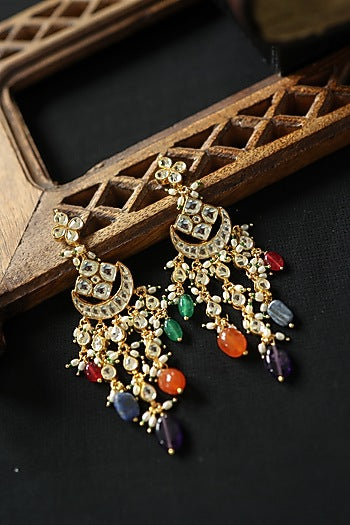 Gold Plated Floral Kundan & Multi-Colored Stone Dangler Earrings
