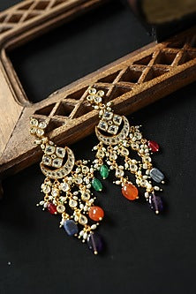 Gold Plated Floral Kundan & Multi-Colored Stone Dangler Earrings