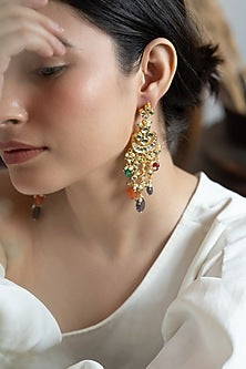 Gold Plated Floral Kundan & Multi-Colored Stone Dangler Earrings