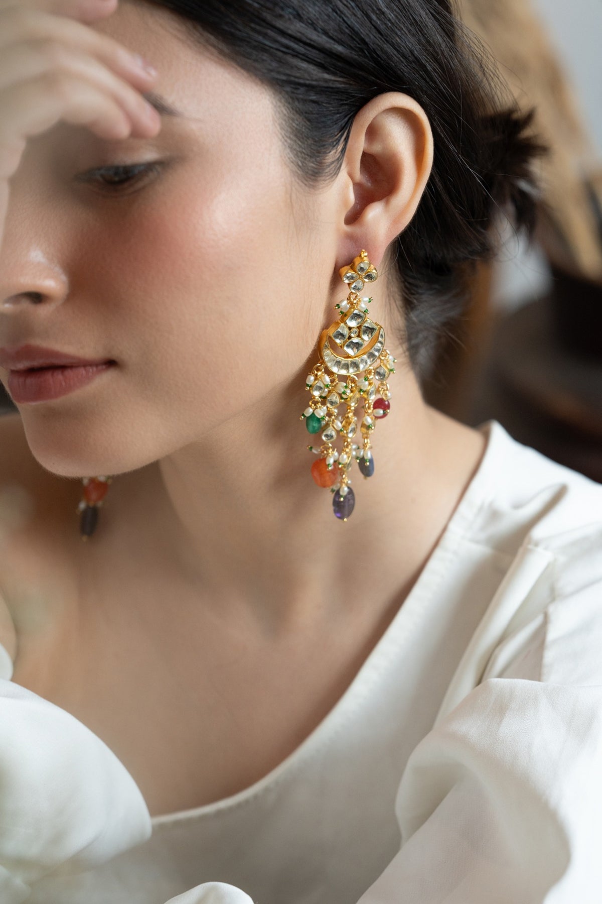 Gold Plated Floral Kundan & Multi-Colored Stone Dangler Earrings