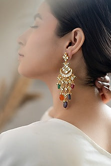 Gold Plated Floral Kundan & Multi-Colored Stone Dangler Earrings