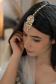 Gold Plated Kundan Polki & Pearl Maangtikka
