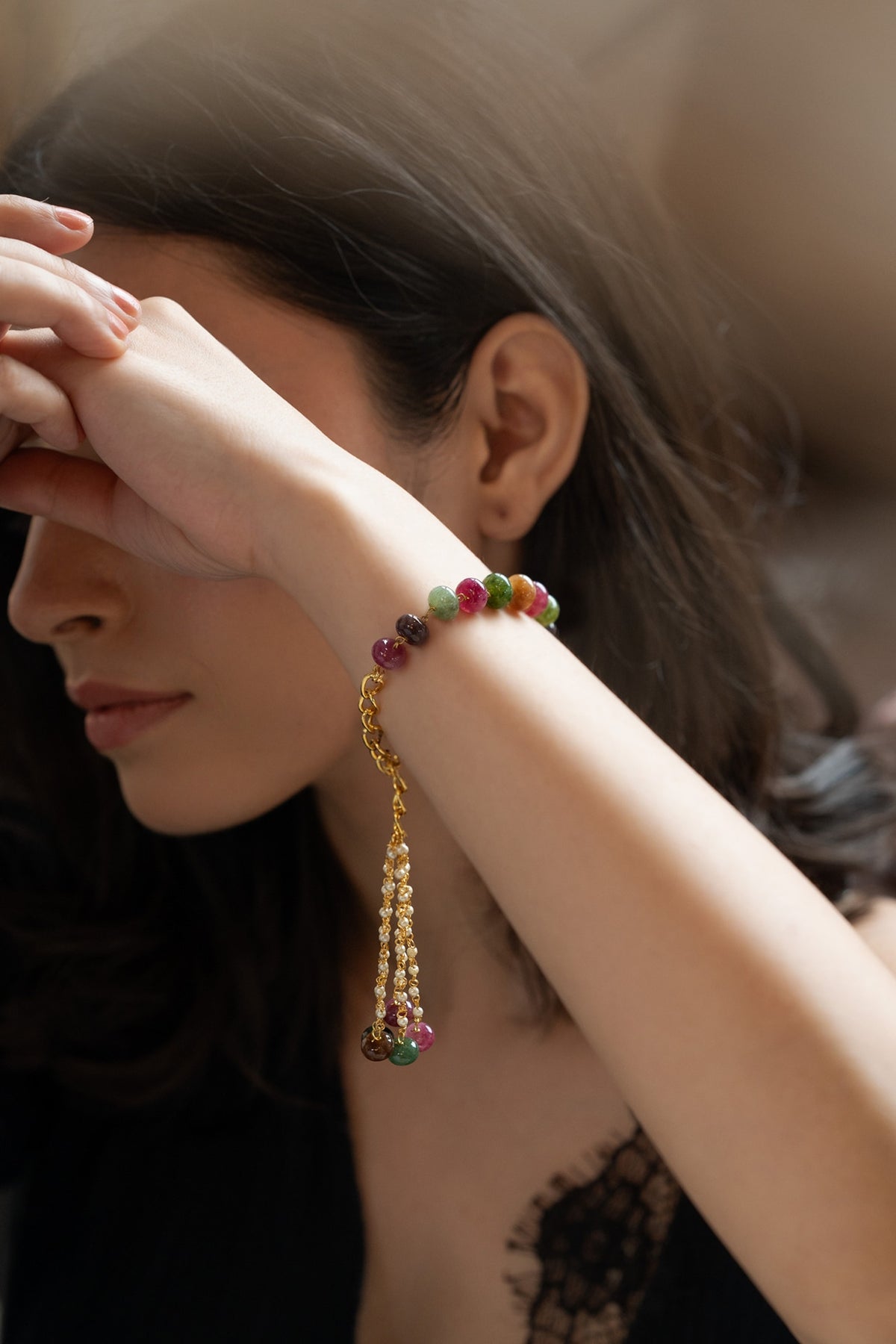 Gold Plated Multi-Colored Tourmaline Stone Adjustable Bracelet