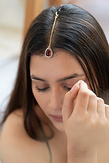 Gold Plated Red Stone & Cubic Zirconia Maangtikka
