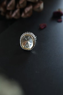 White Rhodium Finish Kundan Polki & Cubic Zirconia Adjustable Ring