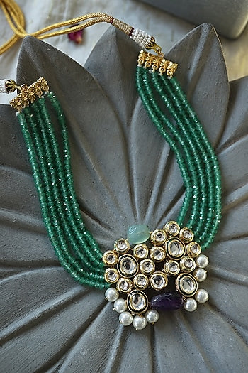 Gold Plated Kundan Polki & Mint Onyx Necklace