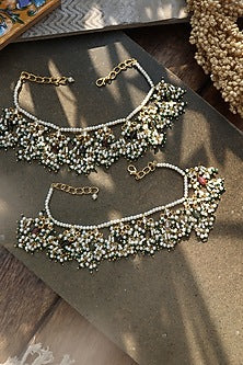 Gold Plated Kundan Polki & Pearl Anklets (Set of 2)