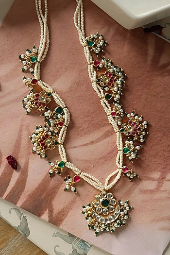 Gold Plated Kundan Polki & Pearl Necklace