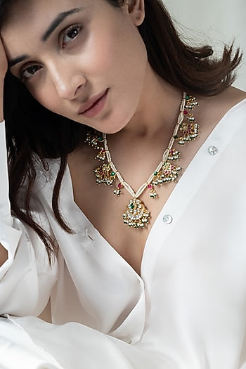 Gold Plated Kundan Polki & Pearl Necklace