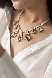 Gold Plated Kundan Polki & Pearl Necklace