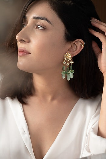 Gold Plated Kundan & Fluorite Stone Dangler Earrings