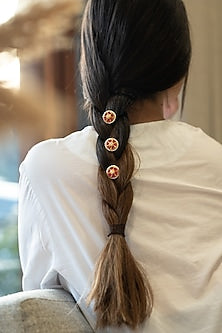 Gold Plated Red Kundan & Pearl Braid Pins (Set of 3)