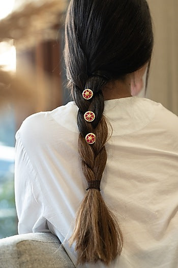 Gold Plated Red Kundan & Pearl Braid Pins (Set of 3)