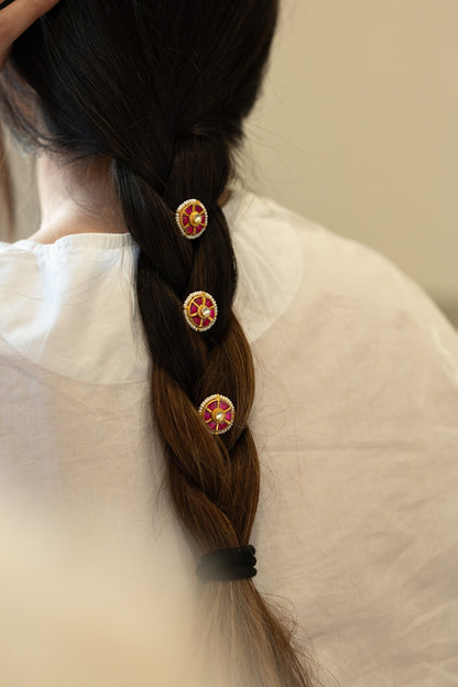 Gold Plated Red Kundan & Pearl Braid Pins (Set of 3)