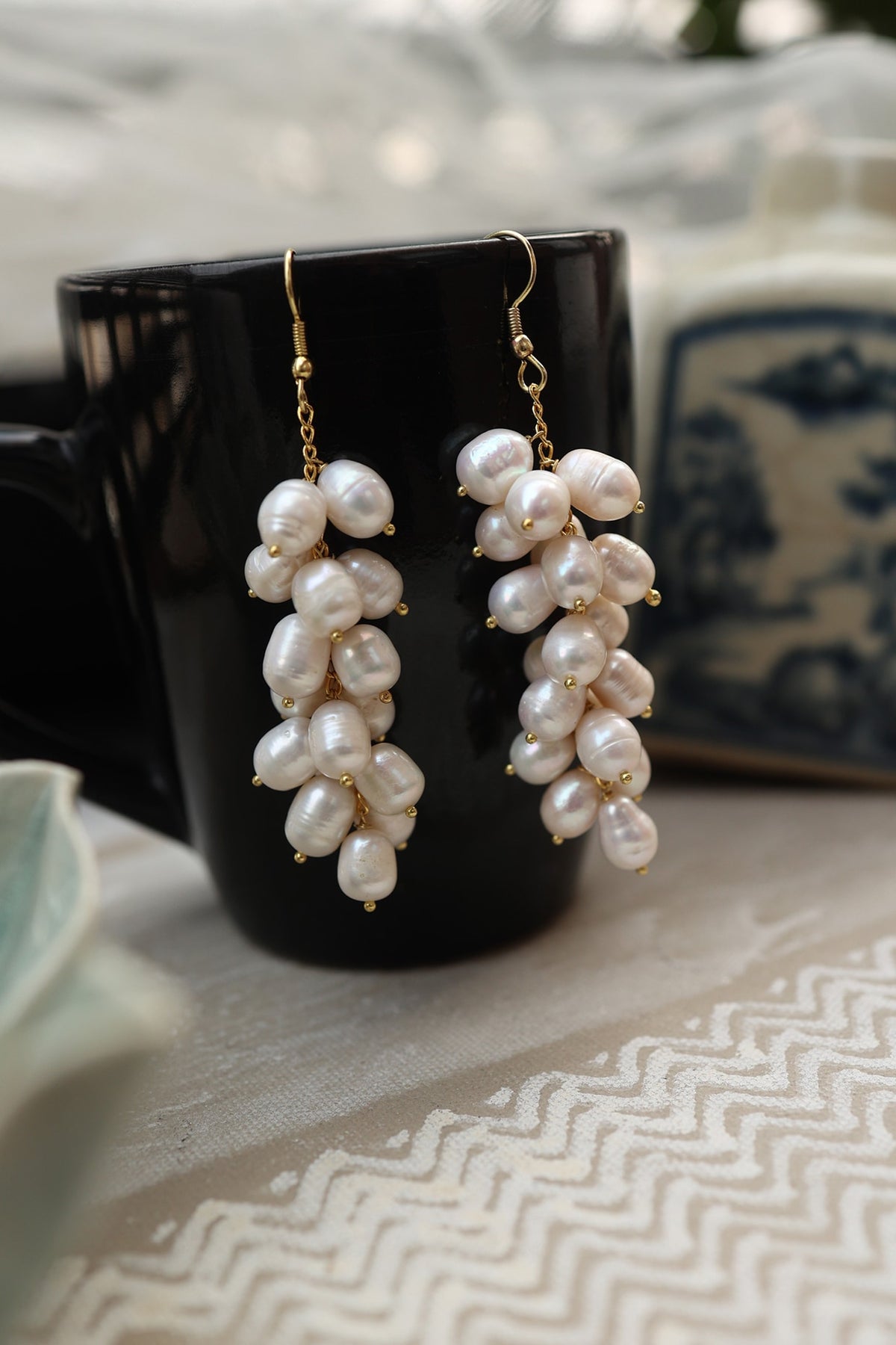Gold Plated Shell Pearl Dangler Earrings