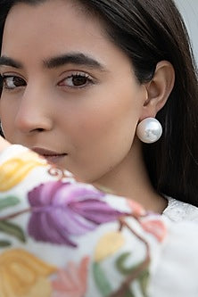 White Rhodium Finish Pearl Stud Earrings