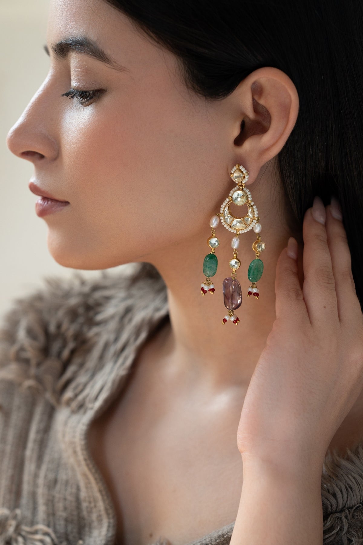 Gold Plated Kundan Polki & Jade Stone Dangler Earrings