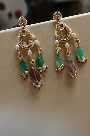 Gold Plated Kundan Polki & Jade Stone Dangler Earrings