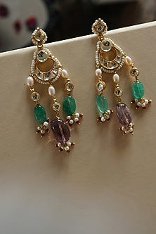 Gold Plated Kundan Polki & Jade Stone Dangler Earrings