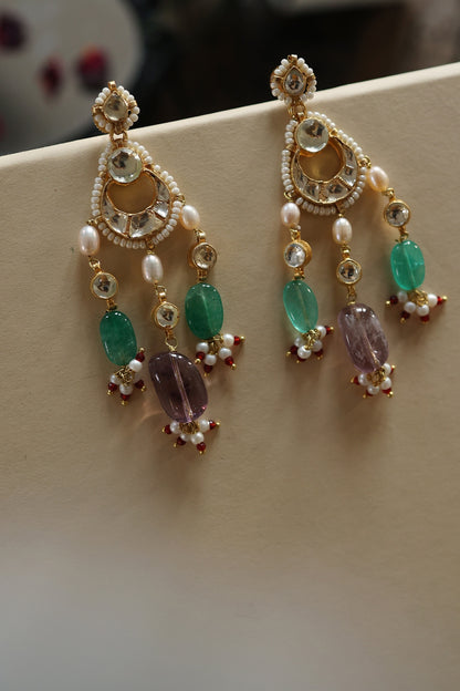 Gold Plated Kundan Polki & Jade Stone Dangler Earrings