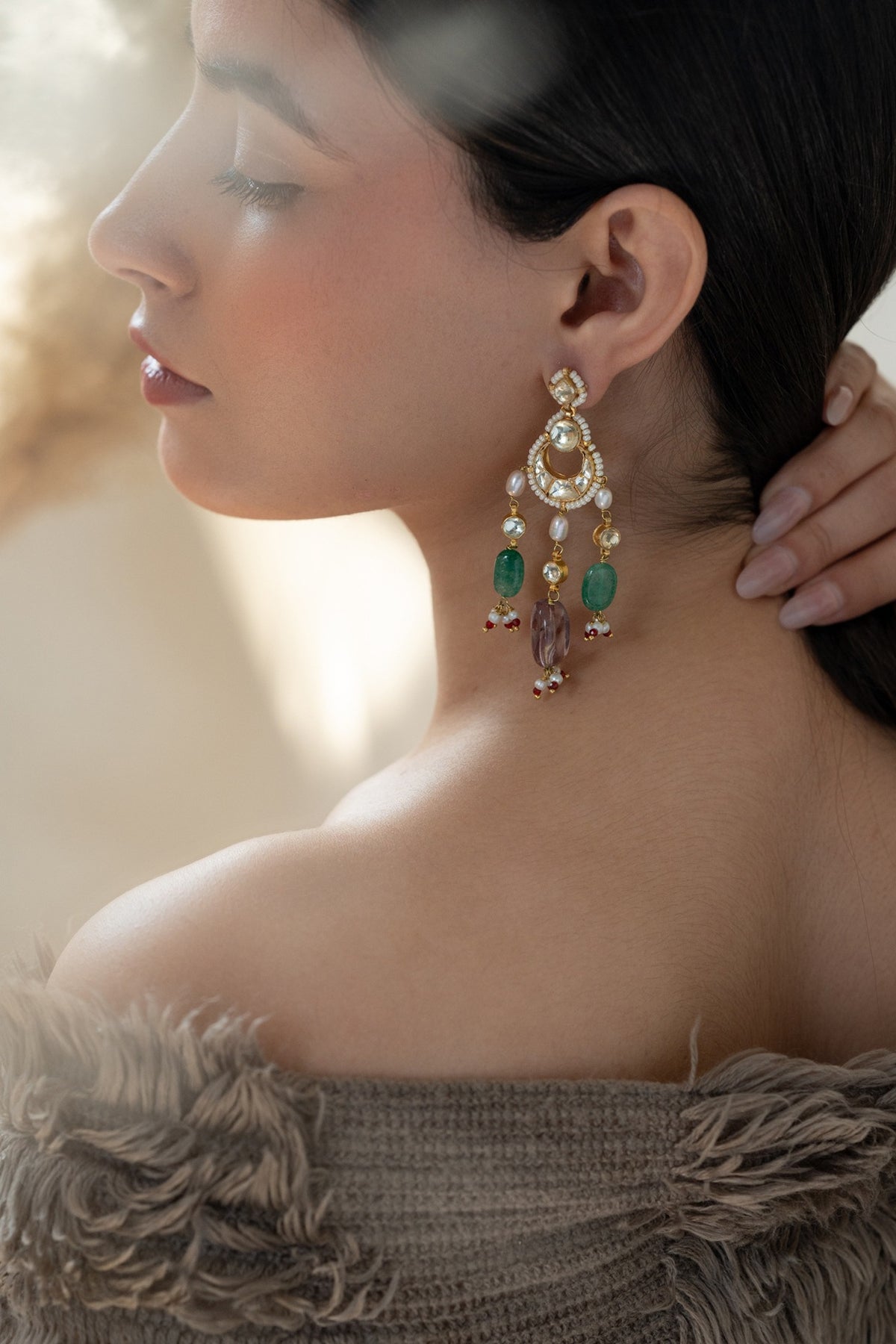 Gold Plated Kundan Polki & Jade Stone Dangler Earrings