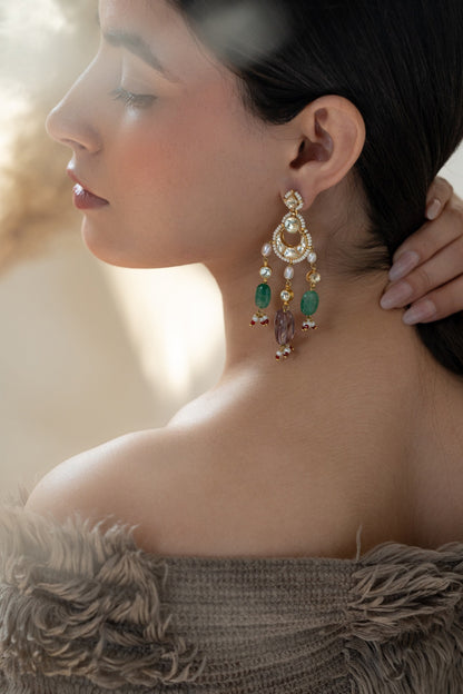 Gold Plated Kundan Polki & Jade Stone Dangler Earrings