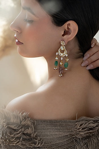 Gold Plated Kundan Polki & Jade Stone Dangler Earrings