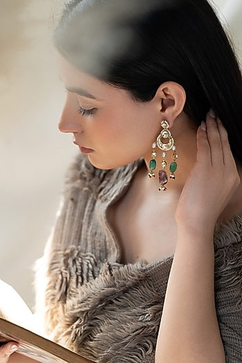 Gold Plated Kundan Polki & Jade Stone Dangler Earrings