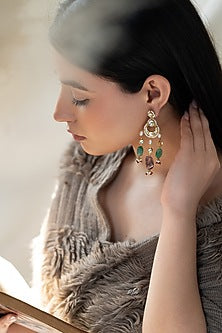 Gold Plated Kundan Polki & Jade Stone Dangler Earrings
