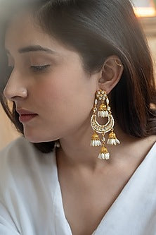 Gold Plated Kundan Polki & Shell Pearl Dangler Earrings
