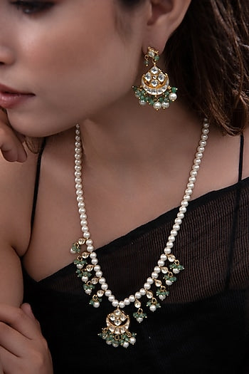 Gold Plated Kundan Polki & Onyx Necklace Set