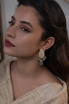 Gold Plated Kundan Polki & Fluorite Stone Dangler Earrings