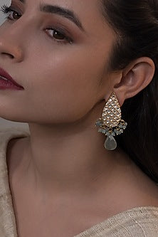Gold Plated Kundan Polki & Fluorite Stone Dangler Earrings