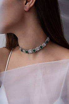 Two-Tone Finish Glass Crystal & Cubic Zirconia Choker Necklace