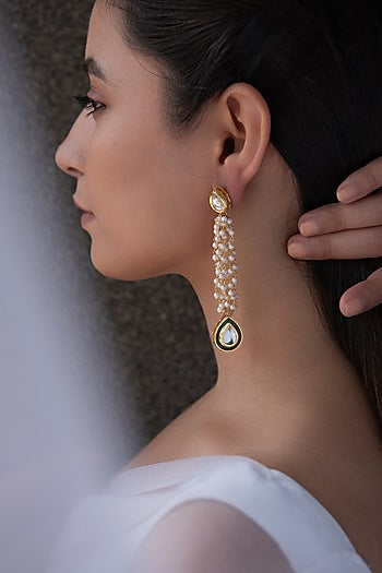 Gold Plated Kundan Polki & Pearl Dangler Earrings