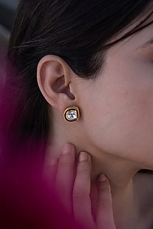 Gold Plated Kundan Polki Enamelled Stud Earrings