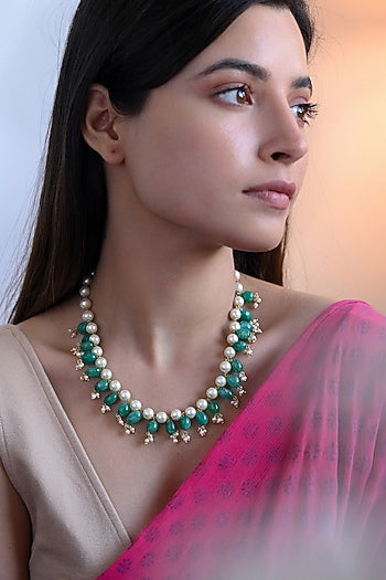 Gold Plated Natural Stone & Pearl Necklace