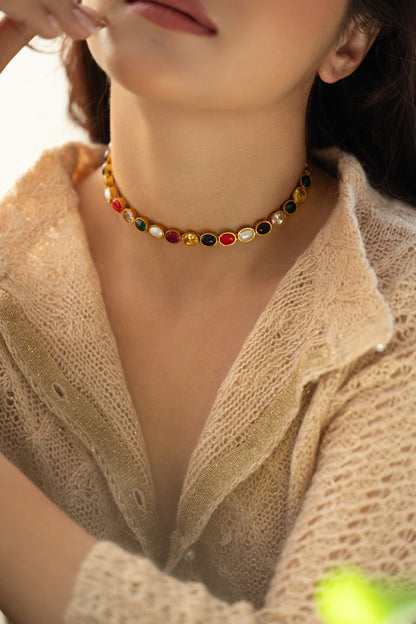 Gold Plated Multi-Colored Natural Stone Necklace
