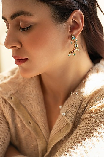 Gold Plated Kundan Polki & Red Stone Dangler Earrings