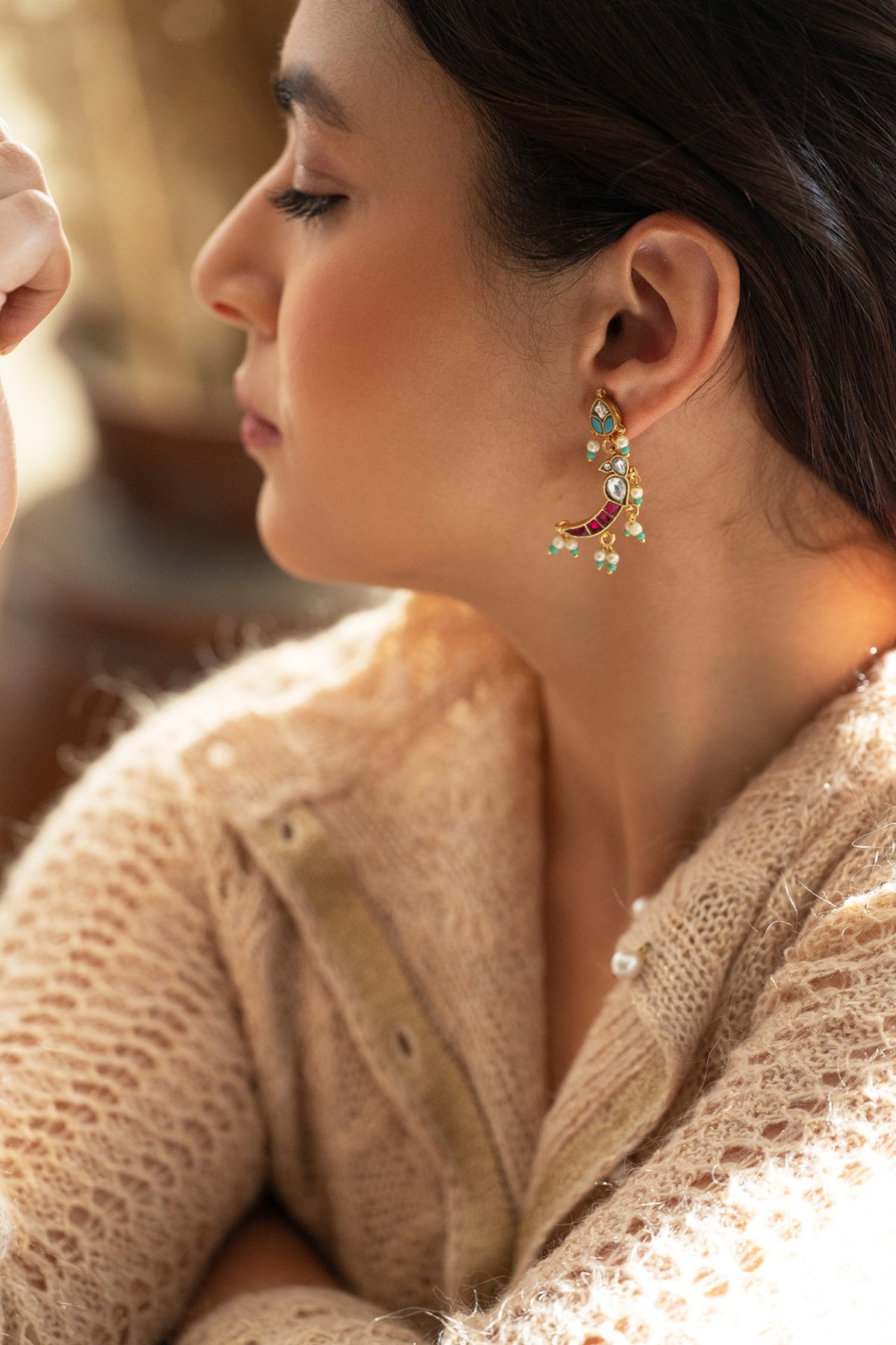Gold Plated Kundan Polki & Red Stone Dangler Earrings