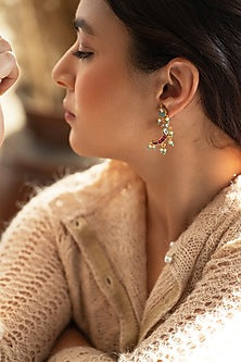 Gold Plated Kundan Polki & Red Stone Dangler Earrings