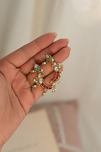 Gold Plated Kundan Polki & Red Stone Dangler Earrings