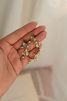 Gold Plated Kundan Polki & Red Stone Dangler Earrings
