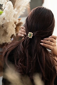 Gold Plated Pink Kundan Polki & Fluorite Stone Braid Pin
