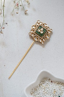Gold Plated Pink Kundan Polki & Fluorite Stone Braid Pin