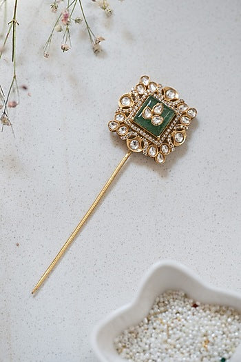 Gold Plated Pink Kundan Polki & Fluorite Stone Braid Pin