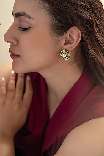 Gold Plated Kundan Polki & Green Garnet Stone Stud Earrings