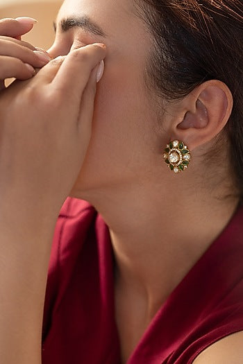 Gold Plated Kundan Polki & Green Garnet Stone Stud Earrings