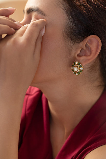 Gold Plated Kundan Polki & Green Garnet Stone Stud Earrings